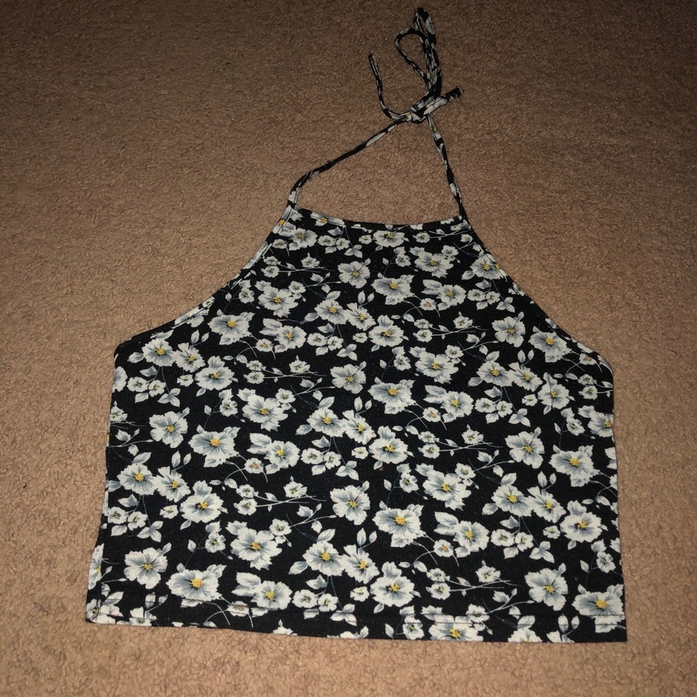 Black Flower Print Crop Top